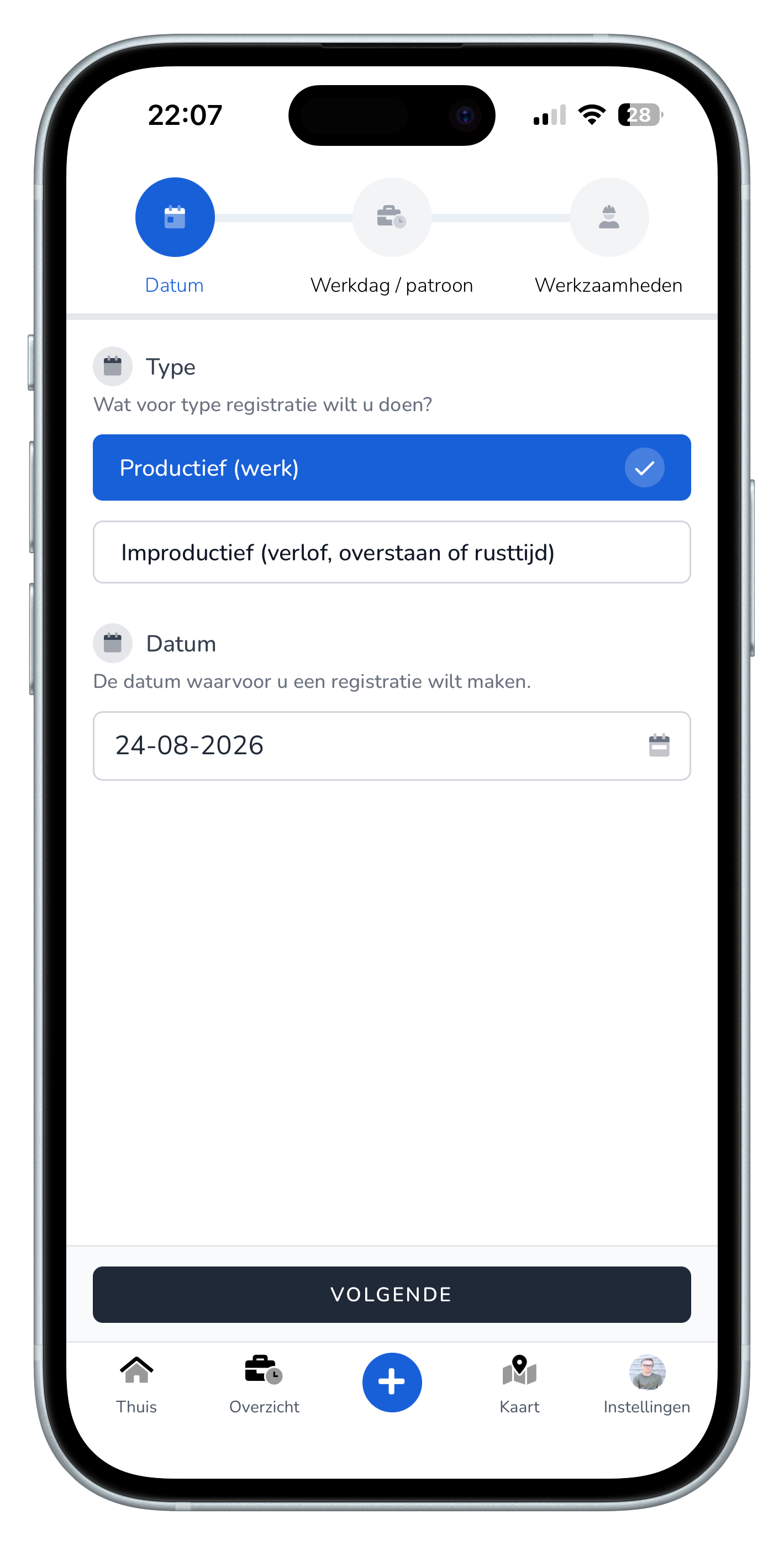 TransportKlok-app met datum- en typekeuze