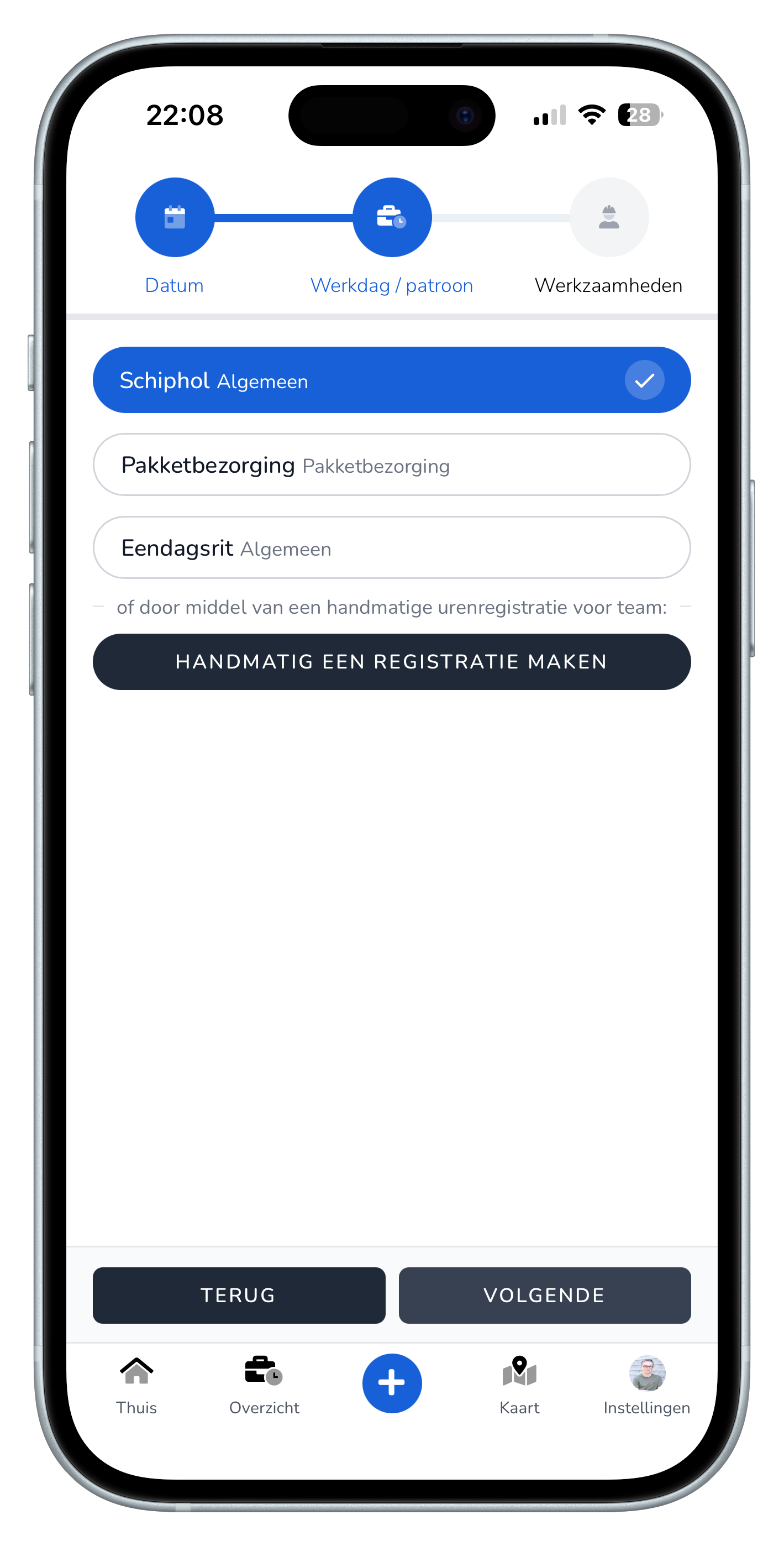 TransportKlok-app met werkpatroon en handmatige registratie