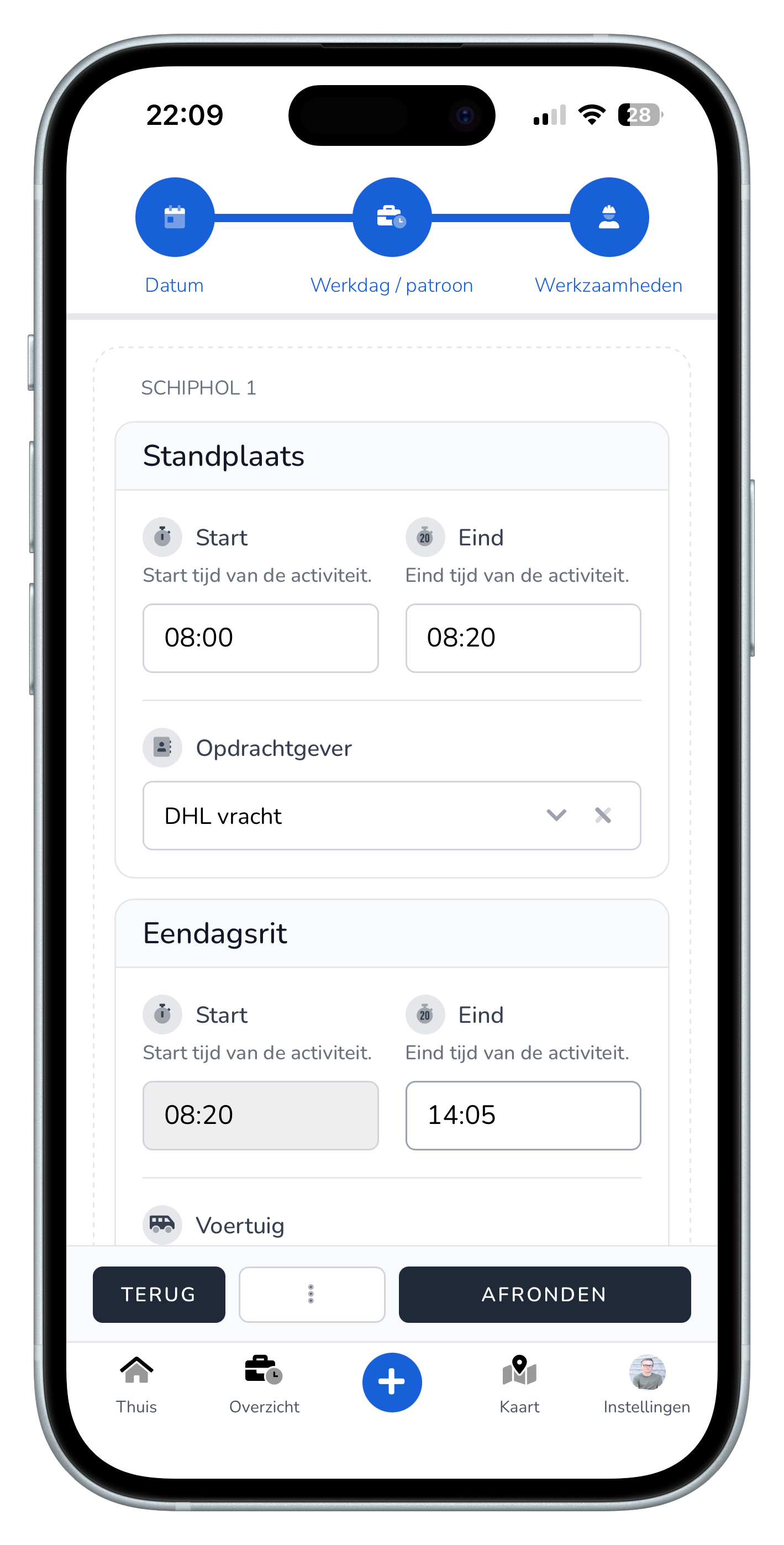 TransportKlok-app met werkzaamheden en procesvelden